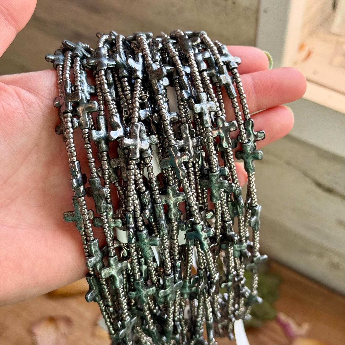 15” Cross Necklace – Glass Seed Beads with Silver Plated Cross