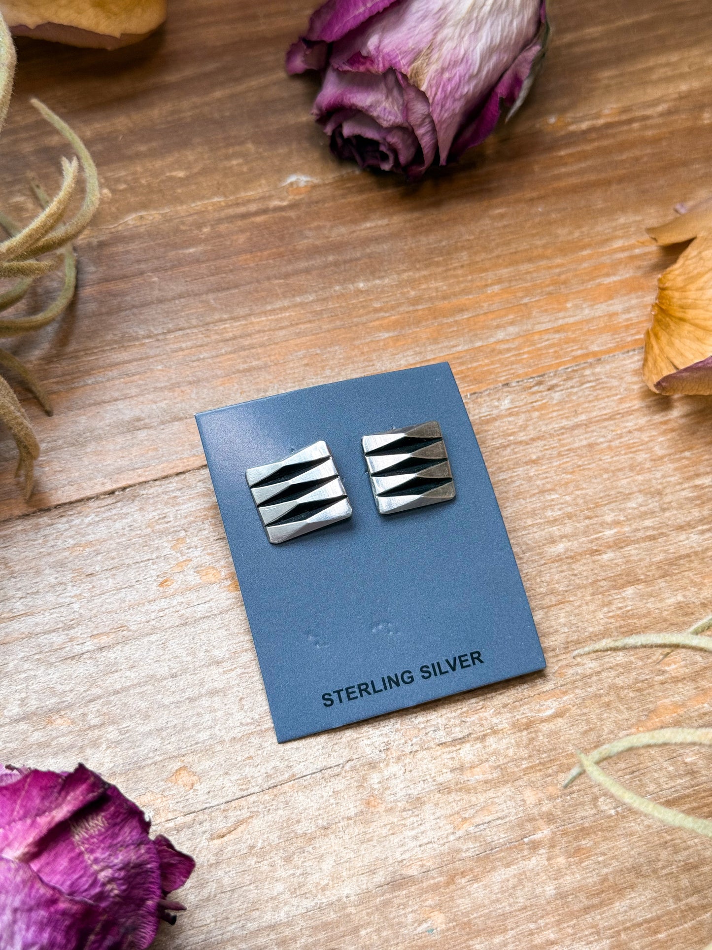Sterling Silver Square Stud Earrings – Native Made by L. Tahe (Navajo Artist)