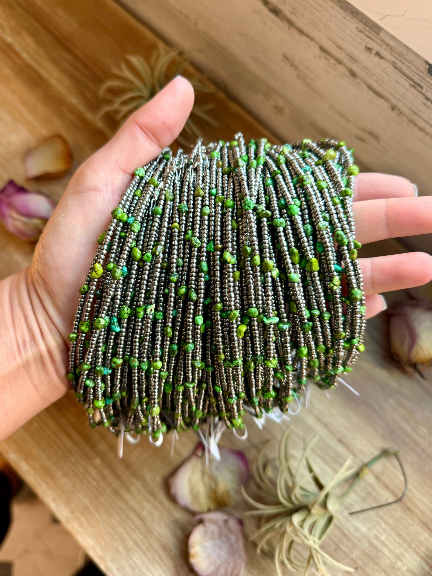 Green Turquoise Glass Seed Bead Necklace – 14 Inch