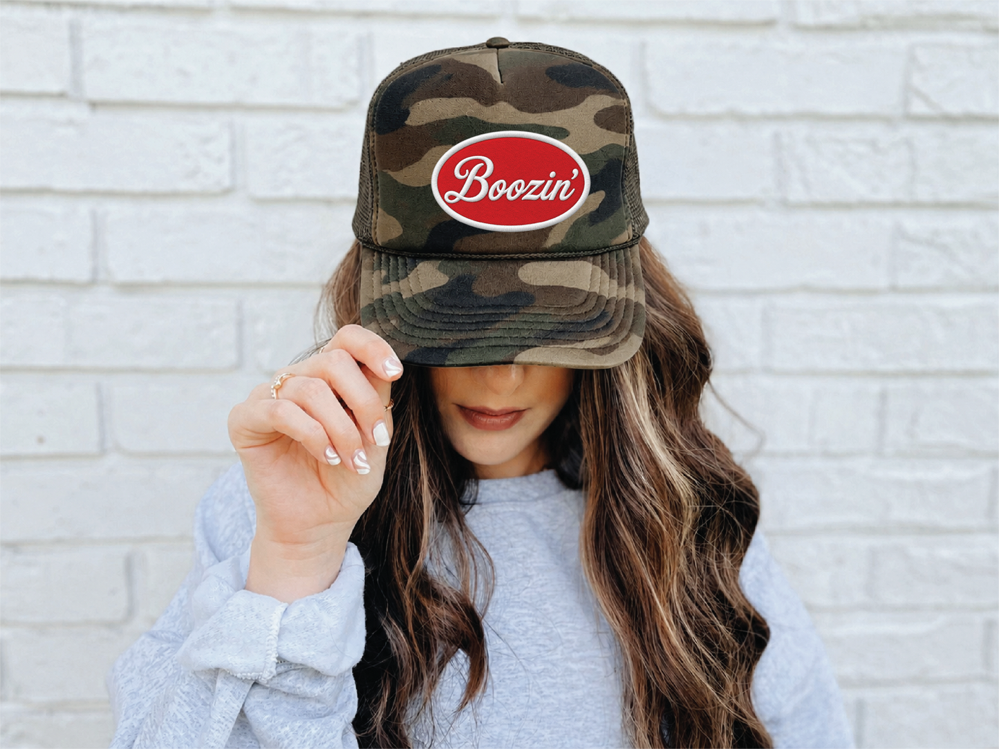 Boozin Faux Embroidered DTF Patch on Camo Foam Trucker Hat