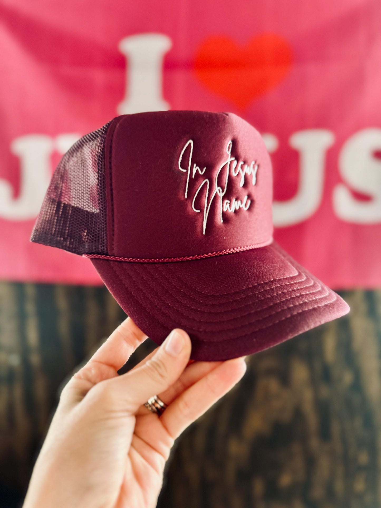 In Jesus Name Embroidered Foam Trucker Hat