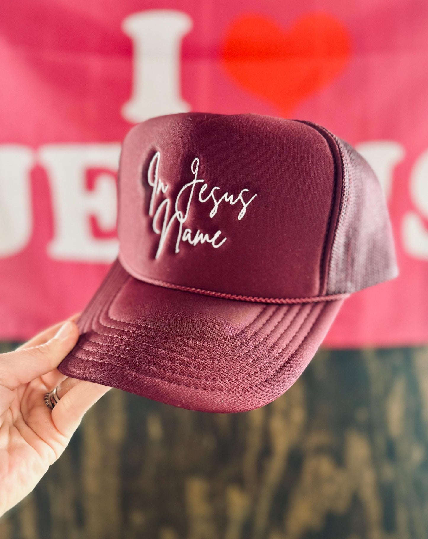 In Jesus Name Embroidered Foam Trucker Hat