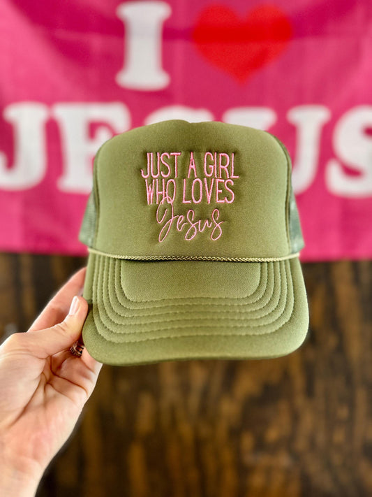 Just A Girl Who Loves Jesus Embroidered Trucker Hat