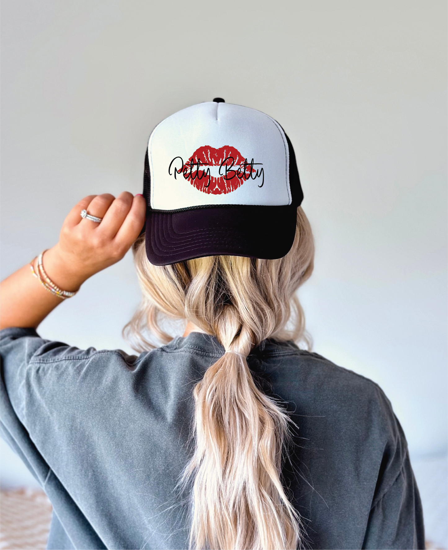 Petty Betty DTF Printed Black and White Trucker Hat