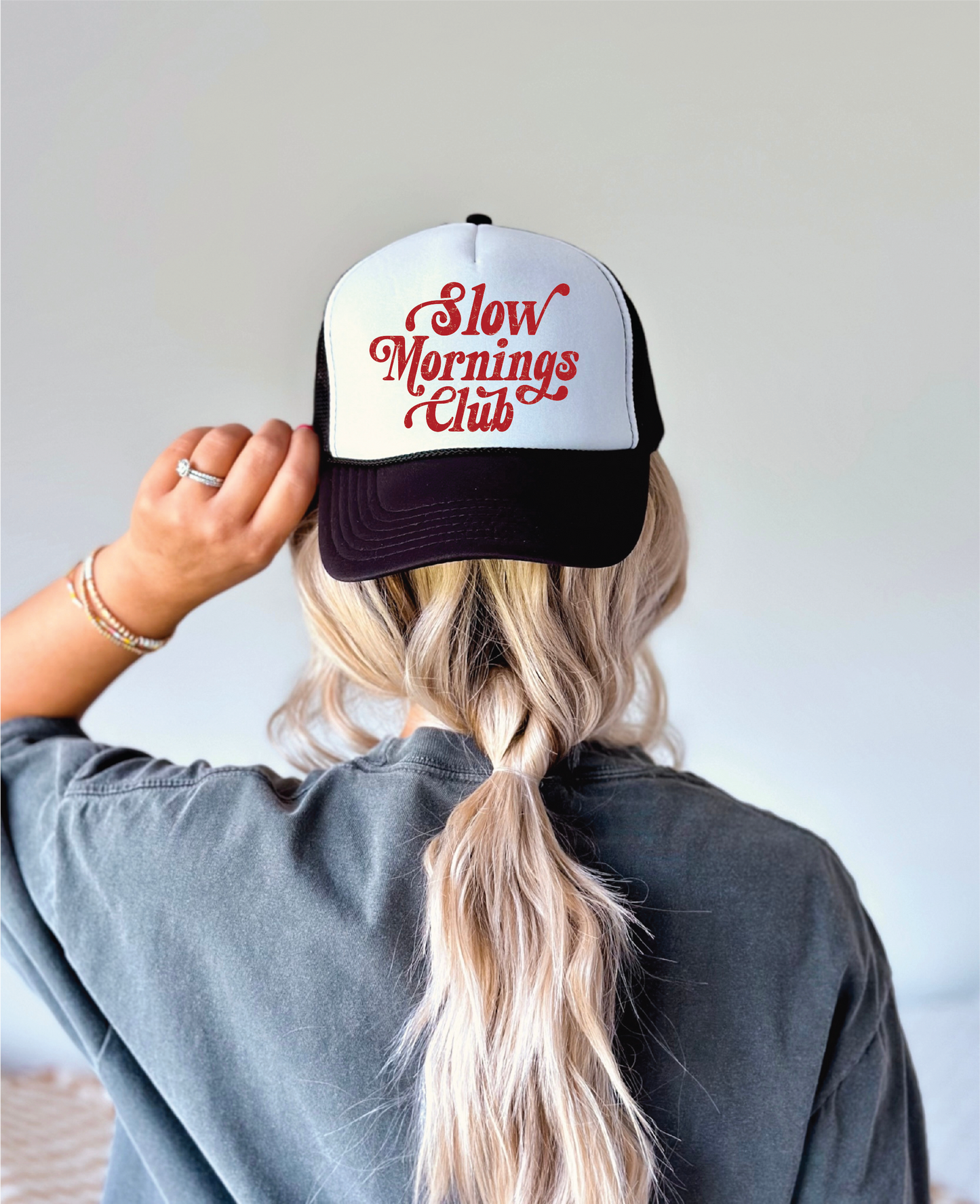 Slow Mornings Club DTF Printed Black and White Trucker Hat