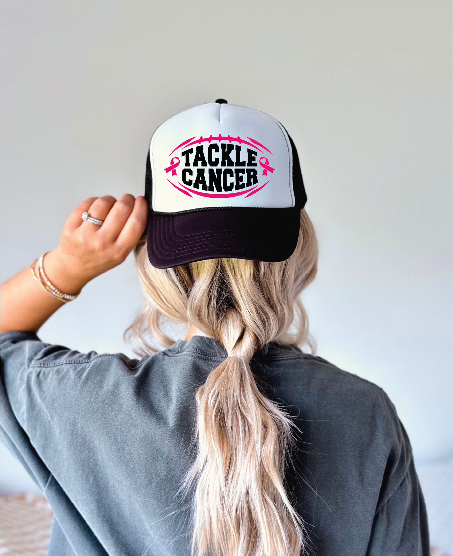 Tackle Cancer DTF Printed Black and White Trucker Hat